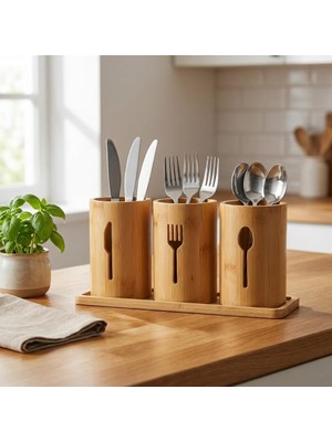 Deconox 3'lü Doğal Bambu Kaşıklık Seti - Ahşap Standlı Tezgah Üstü Çatal Kaşık Bıçak Düzenleyici Şık Mutfak Organizeri (Stand: 33X13X2 Cm/kaşıklık: 10X12 Cm)