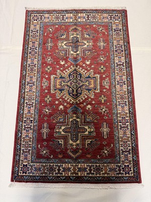 El Dokuma Afgan Halı Kazak  Desenli Bordo Renk Kök Boya 94 x 148 cm