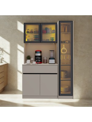 Sarıoğlu Mobilya Moon Midi Kahve Köşesi 130 cm LED Aydınlatmalı Mdf Vitrinli Sağ Vitrinli Modern Kahve Köşesi Dolabı Beyaz Kahve Ünitesi
