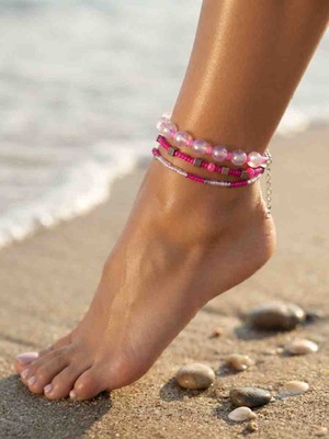 Shine Elagance Pembe Iri Inci Boncuk Gümüş Rengi Uzatmalı Pembe Gümüş Rengi Küp Kesim Boncuklu 3'lü Kadın Halhal