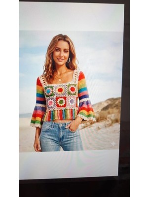 Bohem Motıflı Renklı El Örgü Baharlık Yazlık Püsküllü Crochet Bluz