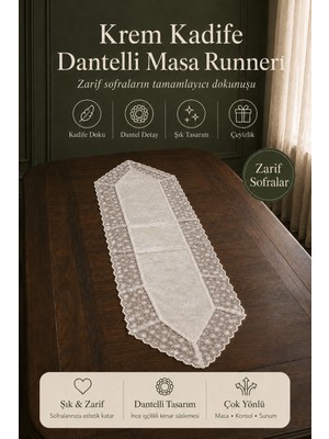 Fabrix Home Pudra Kadife Dantel Detaylı Runner Şık Masa Örtüsü Salon Yemek Masası Dekorasyonu