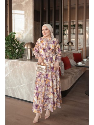 İmaj Butik Mor Yarım Düğmeli Kol Lastikli Eteği Katlı Elbise