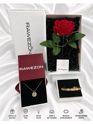 Rawezon Nerovia Yonca Red Set - Çelik Gold Yonca Kolye- Ayetel Kürsi Bileklik ve Kırmızı Gül Sevdiklerinize Hediye Set