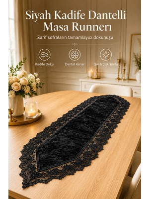 Fabrix Home Pudra Kadife Dantel Detaylı Runner Şık Masa Örtüsü Salon Yemek Masası Dekorasyonu