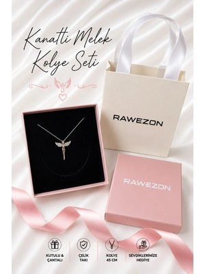 Rawezon Çelik Kanatlı Prenses Kolye Kutulu Çantalı Kadın Hediye Seti Sevgiliye Hediye