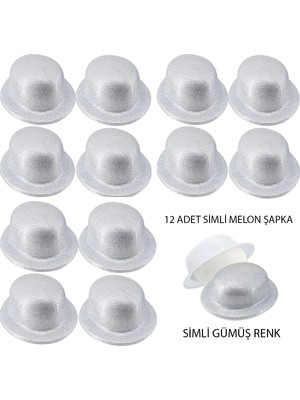 Marsilyan Mey Ithalat® Gümüş Renk Simli Melon Yuvarlak Parti Şapkası 12 Adet