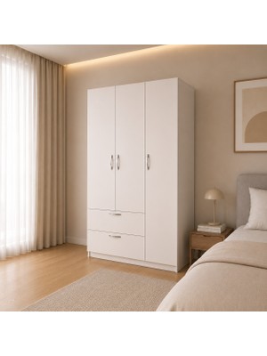 Homendra 3 Kapaklı Modern Tasarımlı Gardırop Beyaz Suntalam Malzeme