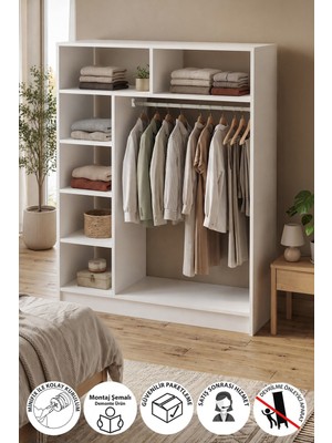 Bofigo 6 Raflı Gardırop Giysi Dolabı Açık Gardırop Elbise Dolabı Dualis Beyaz