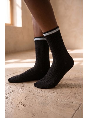 Bony Socks Kadın Örgü Desenli Soket Çorap Siyah