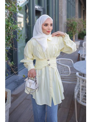 İmaj Butik Sarı Gizli Düğmeli Kemer Detaylı Gömlek