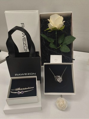 Rawezon Nerovia Black Kuğu Set- Çelik Siyah Beyaz Çift Kuğu Kolye Mor Kalp Bileklik ve Beyaz Gül Sevdiklerinize Hediye