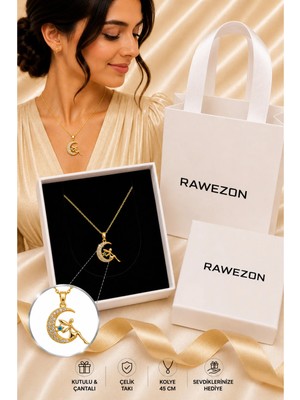 Rawezon Kutulu Çantalı Gold Renk Çelik Hilal Ay Melek Figürlü Kolye - Kadına Sevgiliye Doğum Günü Hediyesi