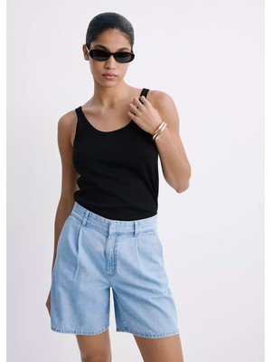 Mango Orta Bel Pileli Denim Bermuda Şort