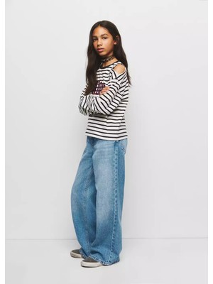 Mango Strass Taşlı Wide Leg Jean Pantolon
