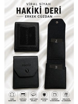 Rawezon %100 Hakiki Deri Viral Erkek Siyah Hediye Kutulu Kartlıklı ve Kağıt Para Bölmeli Cüzdan