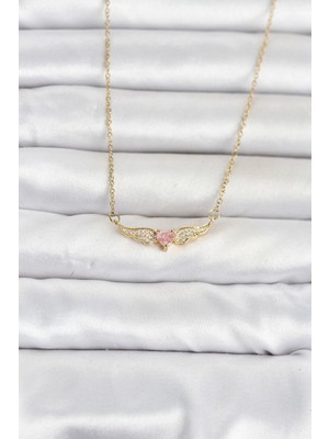Marsilyan Mey Ithalat® 316L Çelik Zincir Gold Renk Kanatlı Pembe Kalp Model Kadın Kolye