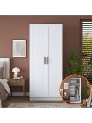 Rani BA299 Membran Kapaklı Gardırop 2 Kapaklı 5 Raflı Askılı Elbise Dolabı Beyaz