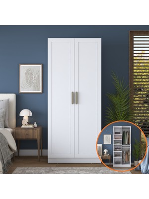 Rani BA300 Membran Kapaklı Gardırop 6 Raflı 2 Kapaklı 2 Askılı Elbise Dolabı Beyaz