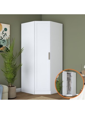 Rani BA301 Membran Kapaklı Köşe Modül Gardırop Tek Kapaklı 6 Raflı Askılı Elbise Dolabı Beyaz