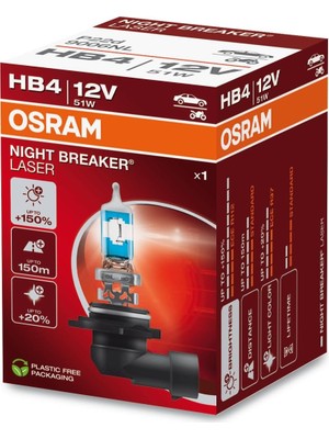 Osram Ampul Night Breaker Laser Hb4 12V 51W%150'YE Kadar Fazla Işık 150M'YE Kadar Fazla Görüş Açısı,%20'ye Kadar Beyaz Işık 9006NL