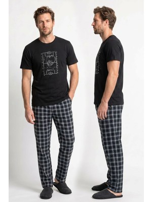 Kompedan Erkek Penye Süprem Genç Bisiklet Yaka Altı Uzun Pijama Takım | Siyah 65145-726