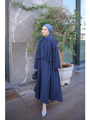 İmaj Butik Lacivert Bel Bağlamalı Piliseli Gömlek Etekli Takım