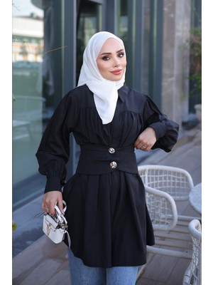 İmaj Butik Siyah Gizli Düğmeli Kemer Detaylı Gömlek