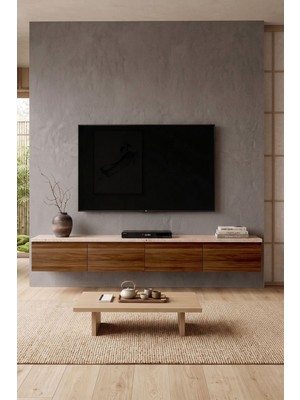 Yurupa Nicole 4 Kapaklı Duvara Monte Tv Ünitesi 200 cm Modern Tv Sehpası Traverten- Ceviz Nıc2-Tce
