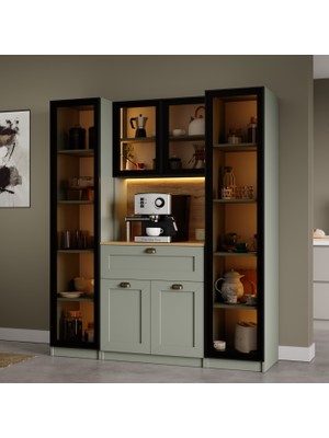 Midoser Nero Duo Kahve Köşesi ve Kiler Dolabı Alüminyum Çerçeveli Cam Kapaklı LED Aydınlatmalı 190 x 160 cm Yeşil