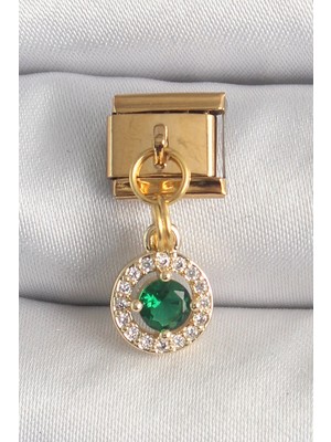 Marsilyan Mey Ithalat® 316L Çelik Gold Renk Sallantı Yeşil Zirkon Taşlı Nomination Charm