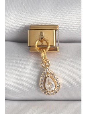 Marsilyan Mey Ithalat® 316L Çelik Gold Renk Sallantı Damla Zirkon Taşlı Nomination Charm