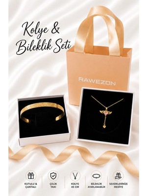 Rawezon Ayetel Kürsi Çelik Kanatlı Kalp Kolye ve Ayarlanabilir Bileklik Seti Gold Renk Kutulu Çantalı