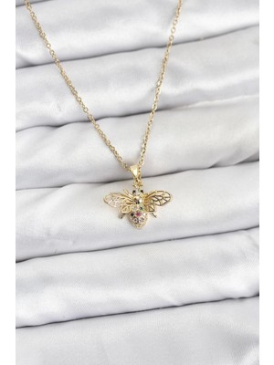 Marsilyan Mey Ithalat® 316L Çelik Zincir Gold Renk Sinek Model Zirkon Taşlı Kadın Kolye