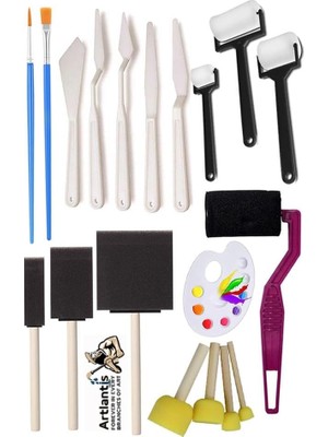 Artlantis Rulo Kesik Uçlu ve Tampon Sünger Fırça Seti 19 Parça 1 Paket Resim Fırçası Palet Ponpon Spatula Akrilik Boya Yağlı Boya Guaj Boya Sulu Boya Sanatsal