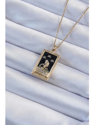 Marsilyan Mey Ithalat® 316L Çelik Zincir Altın Renk Zirkon Taşlı Siyah Mineli Kız Figürlü Tarot Kolye