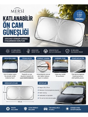 Mersi Shop Katlanabilir Ön Cam Araba Güneşliği 150X70 cm | Uv Korumalı Araç Ön Cam Güneş Koruyucu Gümüş Reflektör
