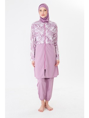 Fantasy Tam Kapalı Paraşüt Kumaş Desenli Tesettür Mayo PEMBE-3502