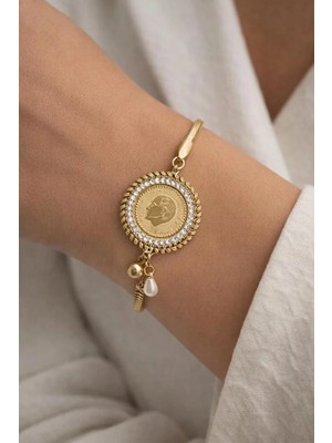 Çelik Lira Temalı Zirkon Gold Bileklik