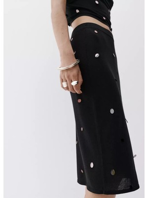 Mango Payetli Midi Triko Etek
