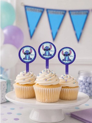 Parti Adresi Stiitch Temalı Kağıt Kürdan figürlü cupcake Kürdanı 10'lu