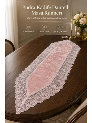 Fabrix Home Pudra Kadife Dantel Detaylı Runner Şık Masa Örtüsü Salon Yemek Masası Dekorasyonu