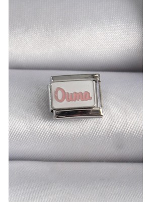 Marsilyan Mey Ithalat® 316L Çelik Gümüş Renk Beyaz Pembe Ouma Işlemeli Nomination Charm