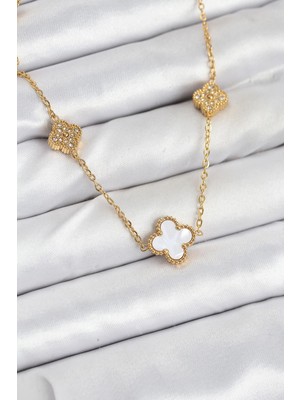 Marsilyan Mey Ithalat® 316L Çelik Zincir Gold Renk Beyaz ve Zirkon Taşlı Yonca Kadın Kolye
