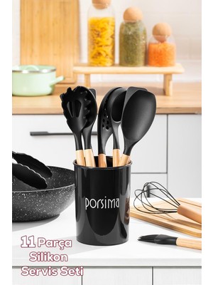 Porsima 3165 Bambu Ahşap Saplı Silikon 11 Parça Servis Takımı Seti Siyah