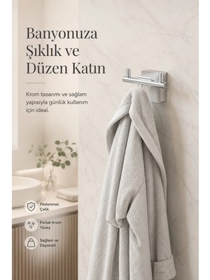 Alper Banyo Krom F1 Model Bornoz ve Havlu Askısı, Paslanmaz Gövde Montajlı Banyo Askılığı, 5 Yıl Garantili
