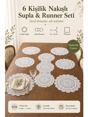 Fabrix Home 6 Kişilik Nakışlı Amerikan Servis Supla ve Runner Seti 7 Parça Çeyizlik Masa Dekorasyon Takımı