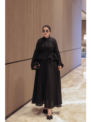 İmaj Butik Siyah Bel Bağlamalı Piliseli Gömlek Etekli Takım