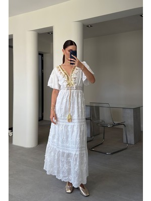 Magarde Premium Yakası Işlemeli Brode Maxi Elbise- Beyaz