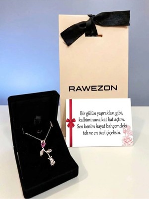 Rawezon Nerovia Premium Pembe Taşlı Gül Çelik Kolye Seti, Çekmeceli Kutulu Paketli,arkadaşa Sevgiliye ve Kadına Hediye